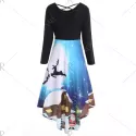 Christmas ong Sleeve Print Flare Dress - Black