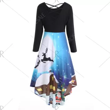 Christmas ong Sleeve Print Flare Dress - Black