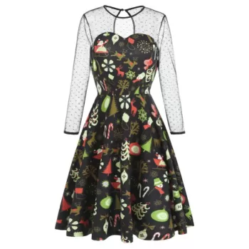 Christmas Mesh Insert High Waist Swing Dress - Black