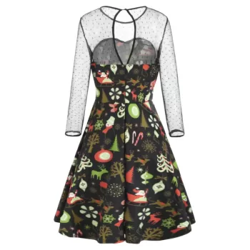 Christmas Mesh Insert High Waist Swing Dress - Black