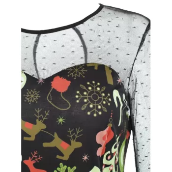 Christmas Mesh Insert High Waist Swing Dress - Black