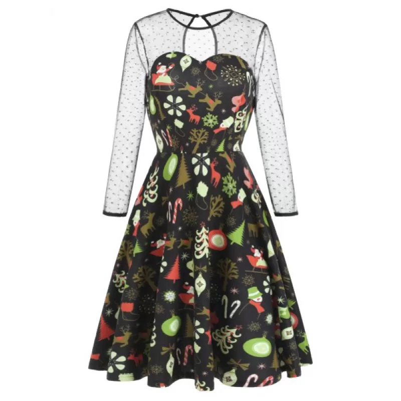 Christmas Mesh Insert High Waist Swing Dress - Black