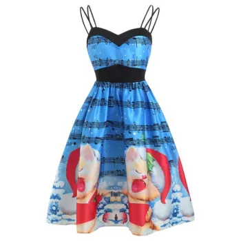 Christmas Musical Print A Line Dress - Deep Sky Blue