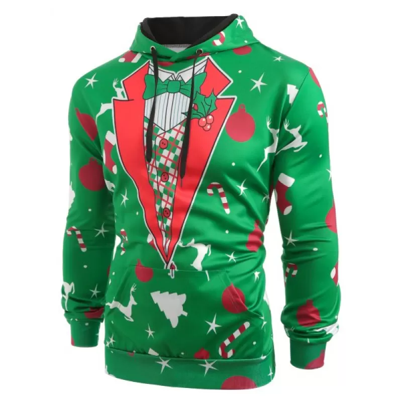 Christmas Patterns Printed Pullover Hoodie - Pine Green