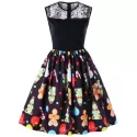 Christmas Print Lace Panel Sleeveless Flare Dress - Black