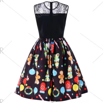 Christmas Print Lace Panel Sleeveless Flare Dress - Black