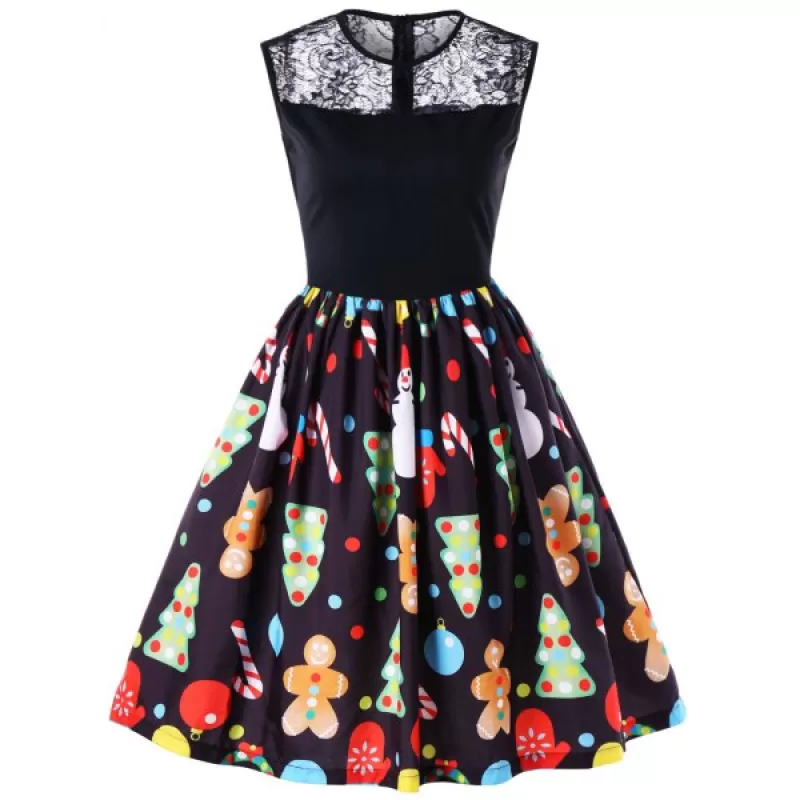 Christmas Print Lace Panel Sleeveless Flare Dress - Black