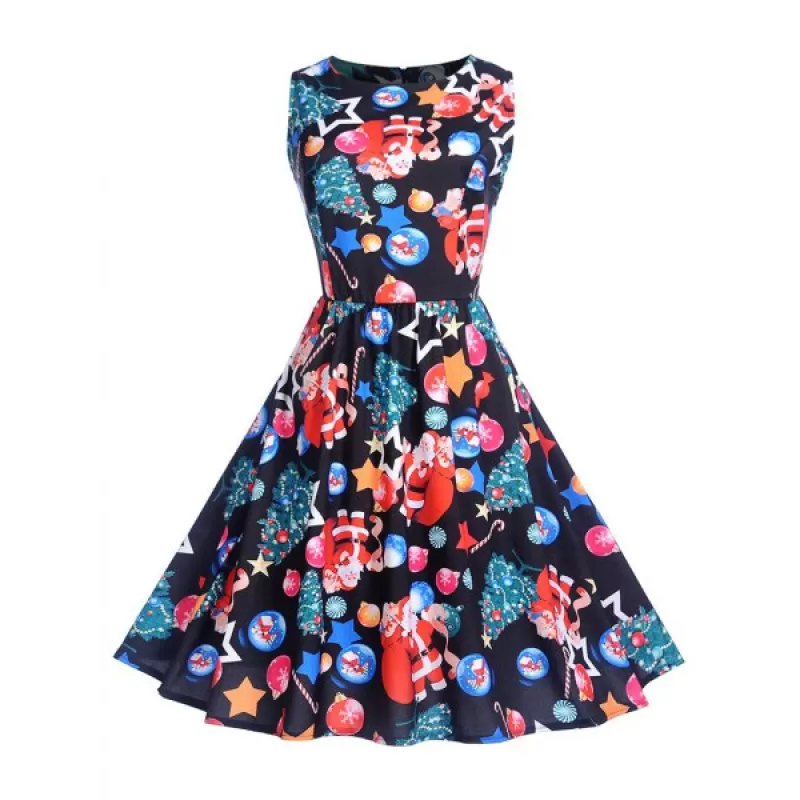 Christmas Printed Pin Up Dress - Black