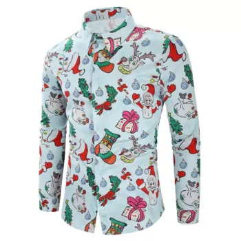 Christmas Santa Candy Gift Print Long Sleeves Shirt - Light Blue