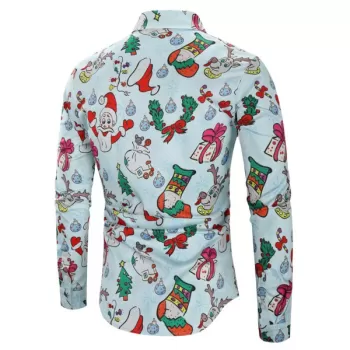 Christmas Santa Candy Gift Print Long Sleeves Shirt - Light Blue