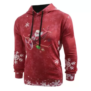 Christmas Santa Plane Snowflakes Print Hoodie - Chestnut Red