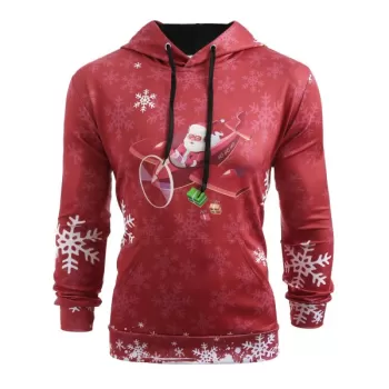 Christmas Santa Plane Snowflakes Print Hoodie - Chestnut Red