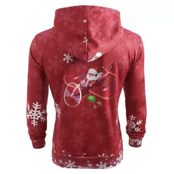 Christmas Santa Plane Snowflakes Print Hoodie - Chestnut Red