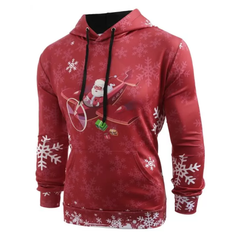 Christmas Santa Plane Snowflakes Print Hoodie - Chestnut Red