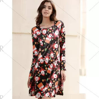 Christmas Santa Print Long Sleeve Party Dress - Black