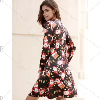 Christmas Santa Print Long Sleeve Party Dress - Black