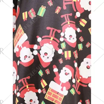 Christmas Santa Print Long Sleeve Party Dress - Black