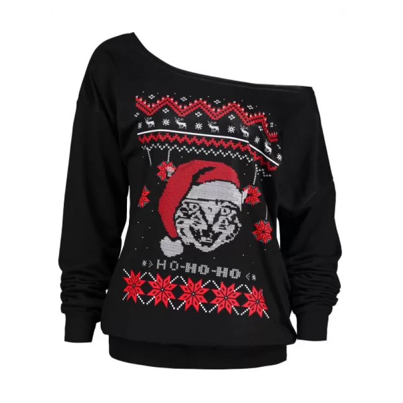 Christmas Skew Neck Graphic Print Sweatshirt - Black