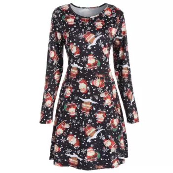 Christmas nowman nowflake Print T hirt Dress - Black