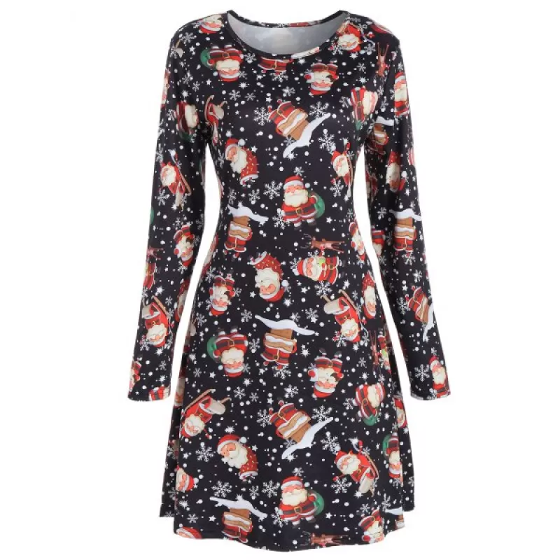 Christmas nowman nowflake Print T hirt Dress - Black