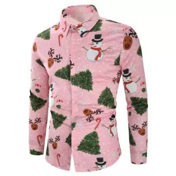 Christmas Snowmen Snoeflakes Tree Candy Print Shirt - Pink
