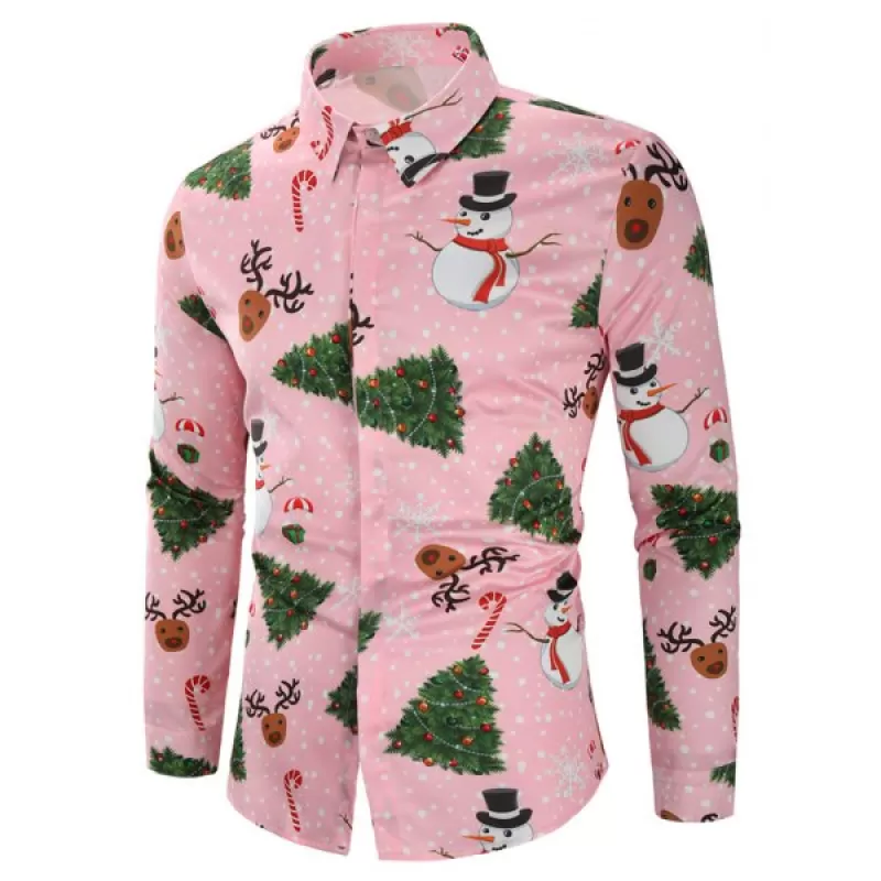 Christmas Snowmen Snoeflakes Tree Candy Print Shirt - Pink
