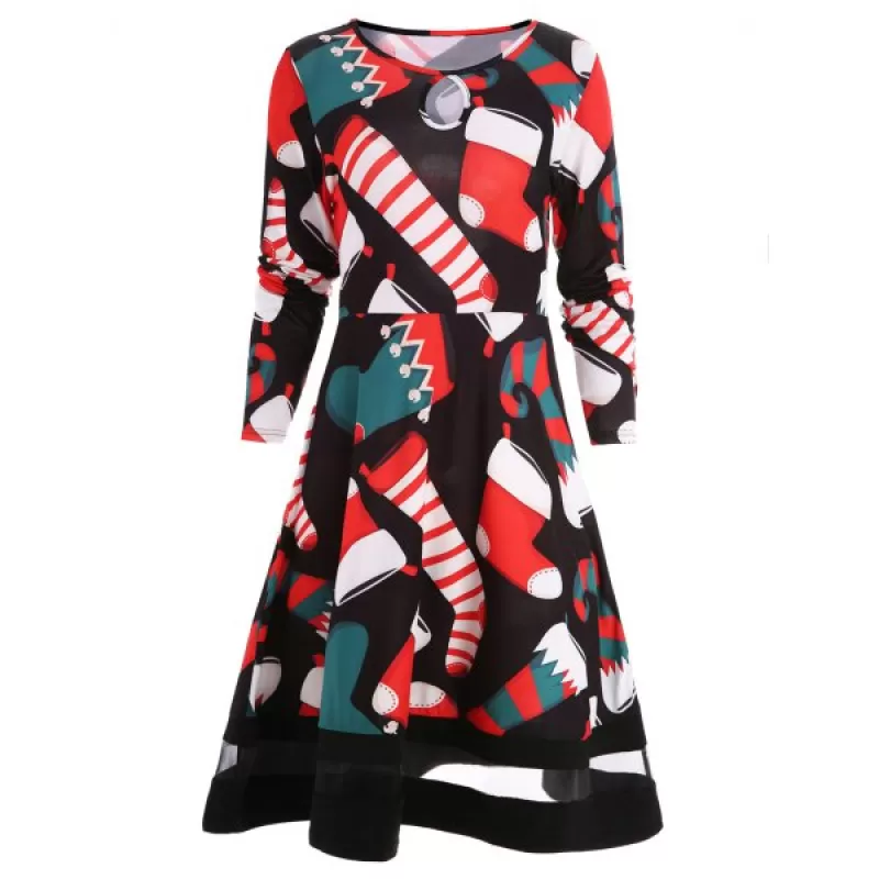 Christmas Socks Print T-shirt Dress - Black