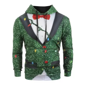 Christmas String Light Faux Collar Printed Drawstring Hoodie - Greenish Blue