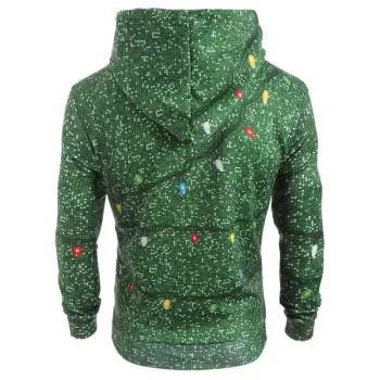 Christmas String Light Faux Collar Printed Drawstring Hoodie - Greenish Blue