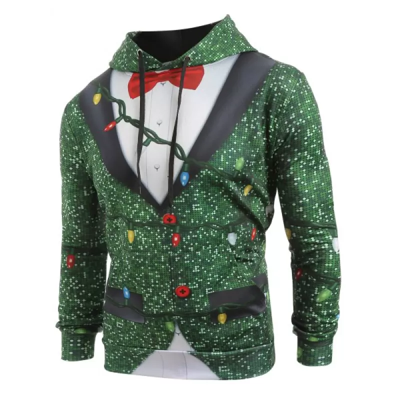 Christmas String Light Faux Collar Printed Drawstring Hoodie - Greenish Blue