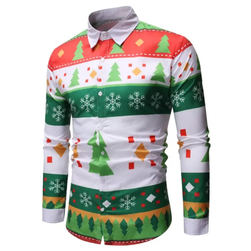 Christmas Tree and Snowflakes Pattern Long Sleeve Shirt - Medium Sea Green