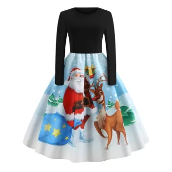 Christmas Vintage Santa Claus Elk Print Dress - Black