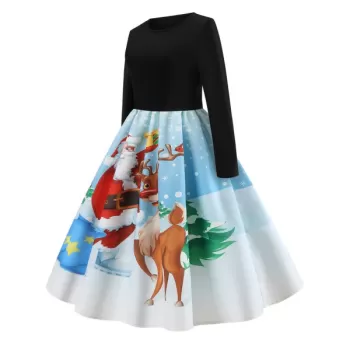 Christmas Vintage Santa Claus Elk Print Dress - Black