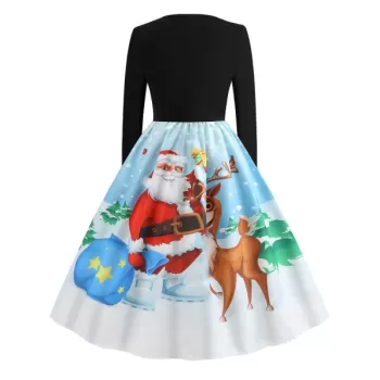 Christmas Vintage Santa Claus Elk Print Dress - Black