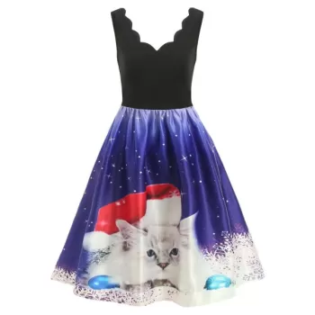 Christmas White Cat Print Sleeveless Flare Dress - Black