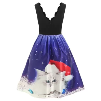 Christmas White Cat Print Sleeveless Flare Dress - Black