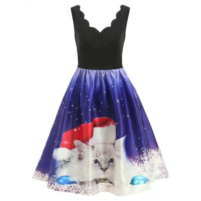 Christmas White Cat Print Sleeveless Flare Dress - Black