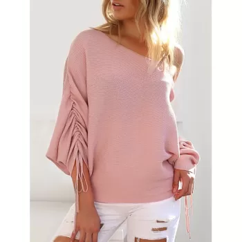 Cinched Skew Neck Solid Knitwear - Rose