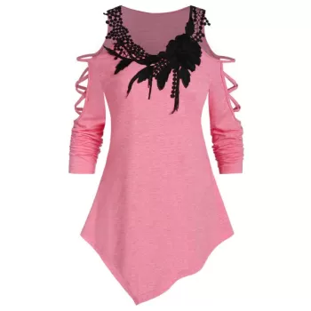Cold Shoulder Applique Asymmetrical T Shirt - Pink