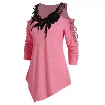 Cold Shoulder Applique Asymmetrical T Shirt - Pink