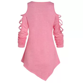 Cold Shoulder Applique Asymmetrical T Shirt - Pink