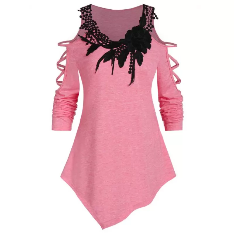 Cold Shoulder Applique Asymmetrical T Shirt - Pink
