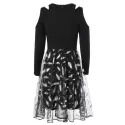 Cold houlder Feather Print Mesh Overlay Dress - Black
