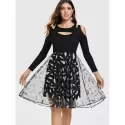 Cold houlder Feather Print Mesh Overlay Dress - Black