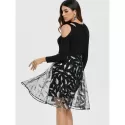 Cold houlder Feather Print Mesh Overlay Dress - Black
