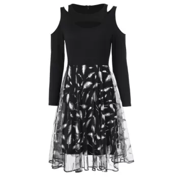 Cold houlder Feather Print Mesh Overlay Dress - Black
