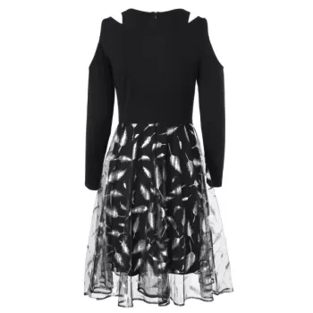 Cold houlder Feather Print Mesh Overlay Dress - Black
