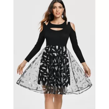 Cold houlder Feather Print Mesh Overlay Dress - Black