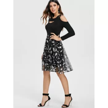 Cold houlder Feather Print Mesh Overlay Dress - Black