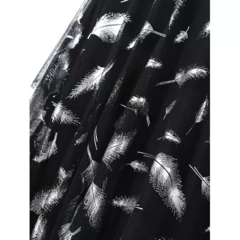 Cold houlder Feather Print Mesh Overlay Dress - Black